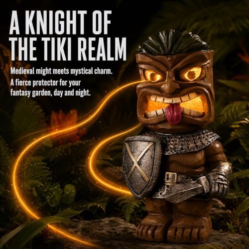 Solar Tiki Statue, Warrior with Sword & Shield, LED Eyes Outdoor Tiki Decor - Image 3