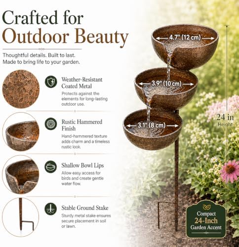 Rain Catcher Bird Bath Tiered, 3-Tier Metal Rain Water Bird Bath Garden Stake, Cascading Water Bowls Attract Hummingbirds, Birds, Butterfly for Yards Lawns Gardens (Copper) - Image 6