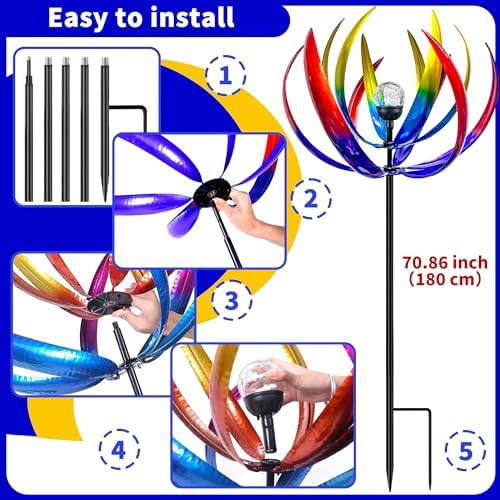 70 in Large Wind Spinners Outdoor, Solar Wind Sculpture, Violet Blue - Image 6