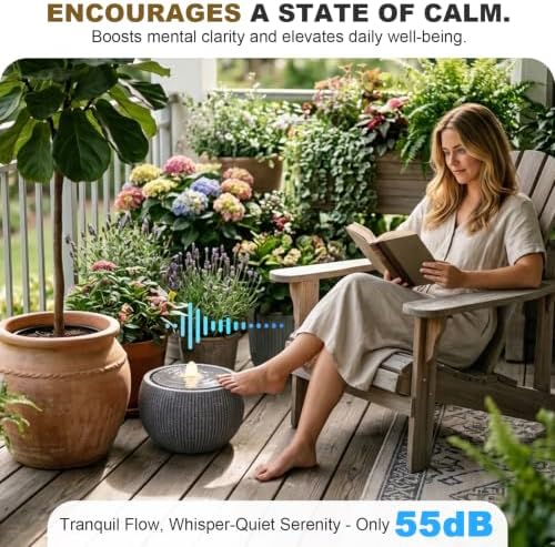 11" H Outdoor Water Fountain with Warm LED Light, Small Bubbler Garden Fountain for Patio, Porch, Yard & Deck, Modern Round Water Feature - Image 5