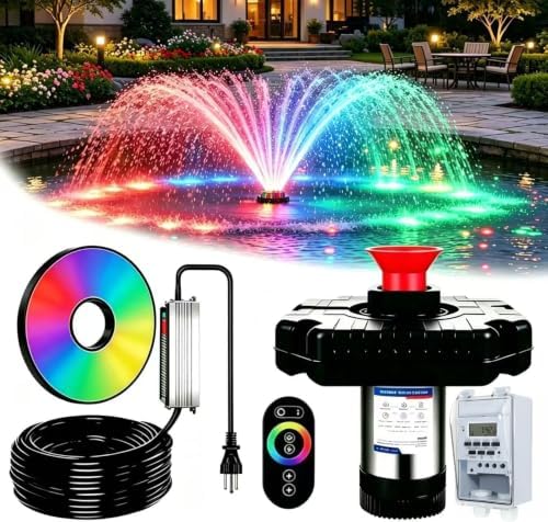 Pond Fountain Aerator,Pond Aerator,with Dynamic LED RGB Lighting Adjustable Modes, Digital Timer | 1 HP 15,000 GPH, 750W 110V, 100FT Cord - for Large Ponds, Lakes & Outdoor Water Features by DTYJLWYJ