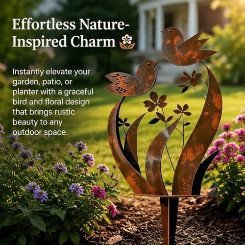 Rustic Bird & Flower Metal Garden Stake, Rusty Paint (2, 17.7) - Image 2