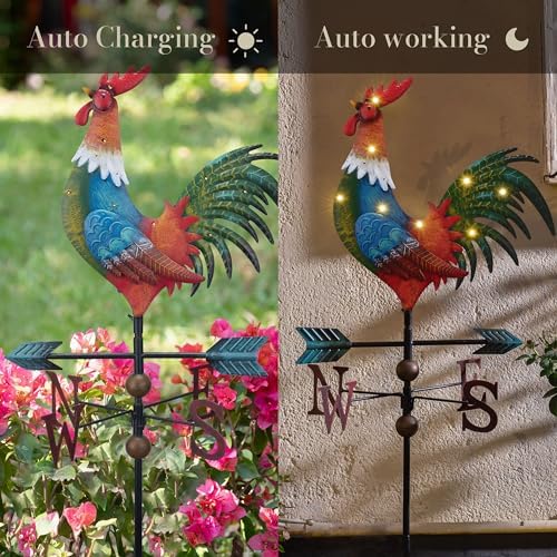 TERESA'S COLLECTIONS Garden Decor with Solar Outdoor Lights, Red Rooster Yard Art Sign for Outside, 39.4'' Metal Weathervane Decorative Garden Stake for Outdoor Decor Lawn, Gifts for Mom - Image 5
