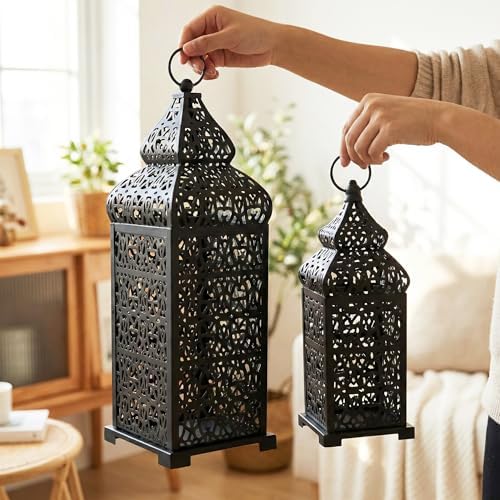 Vela Lanterns Decorative Indoor Moroccan Candle Holders, Black, Set of 2 - Image 6