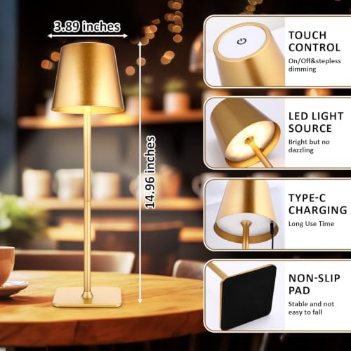 Retisee 2 Pack Cordless Table Lamp Portable Rechargeable Lamps, Gold - Image 2