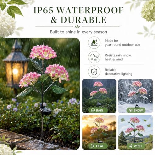 Fairy Hydrangea Solar Lights Outdoor Waterproof, 4Pcs Solar Flowers Outdoor Garden Realistic Artificial Flower Stake LED Garden Decor for Pathway Patio Yard Lawn (Pink (4Pcs)) - Image 3