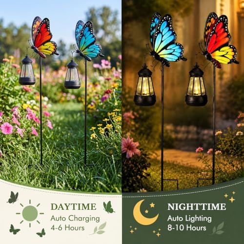 Butterfly 2 Pcs Solar Garden Outdoor Lights Decor Waterproof 33in - Image 6
