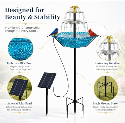 Bird Bath with Solar Fountain for Outside, 1.45 Gal Plastic Bird Bath Bowl with Metal Stake, Outdoor Garden Decor for Yard Patio Lawn (XL-Purple) - Image 4