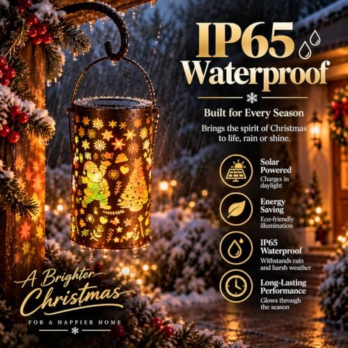 Solar Christmas Lanterns Outdoor 2 Pack, Multicolor Hanging Metal Lights - Image 3