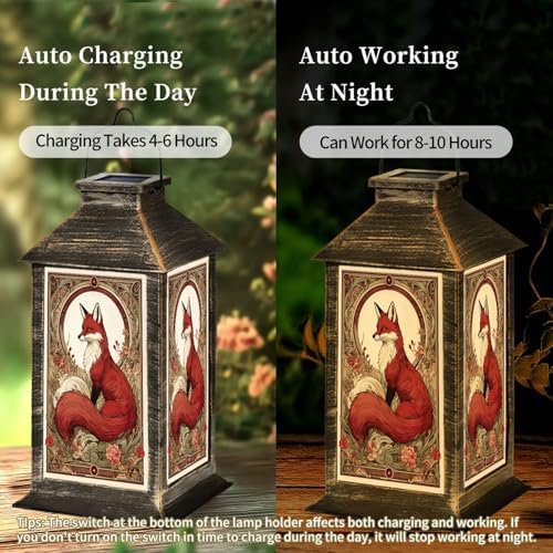 Solar Lantern Red Fox Floral Accents Vintage Art Nouveau Style Outdoor Waterproof Hanging Solar Light Outside Lights for Patio Yard House Lawn Decor Birthday Gifts for Women Mom - Image 4