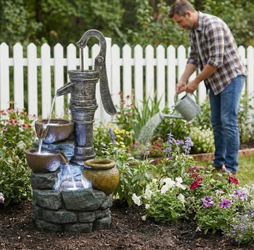 32 Inch Freestanding Outdoor Fountain with Vintage Pump for Garden Decor - Image 7