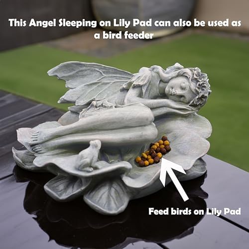 Garden Fairy Statue,Garden Sleeping Angel on Lotus Leaf with Bird Feeder Feature Outdoor Decor Sculptures Figurine Gardening Lawn - Image 4