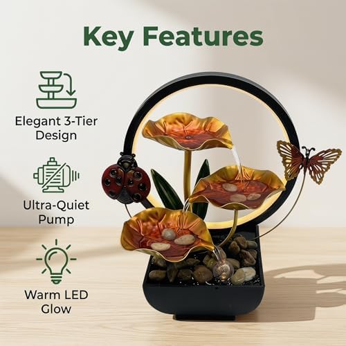 Tabletop Fountain,Indoor Water Fountain,Home Fengshui Décor Zen Relaxation Soothing Sound Machine for Office,Living Room,or Bedroom,Gold Lotus,Ladybird & Butterfly,10.2inch - Image 4