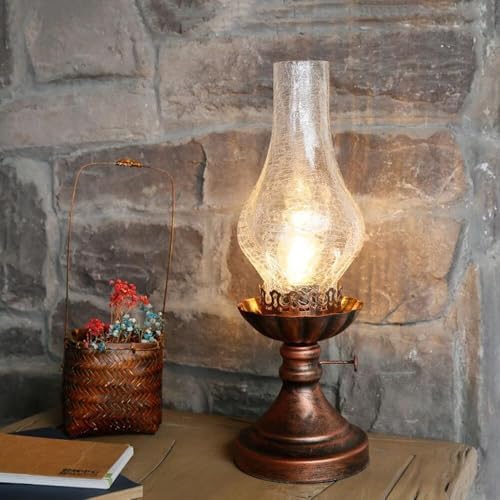 Vintage American Village Style Desk Light Industiral Table Llight with Glass Lampshade Old Style Kerosene Lamp Table Lamp Wrought Iron Metal Farmhouse Nightstand Lamps(Clear) - Image 2