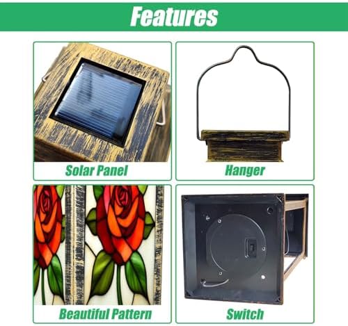Solar Lantern Rose Floral Stained Glass Night Light Petals Outdoor Garden Hanging Lantern Waterproof Solar Powered Lighting Outside Table Lamp for Deck Yard Camping Patio Decor - Image 3