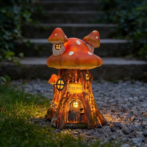 COWOS Mushroom House Sculptures, Collection of Resin Garden Sculptures, Resin Fairy House Statue, Solar Fairy Garden Figurine with Warm White Light Mushroom for Outdoor, Lawn, Yard Decoration - Image 4
