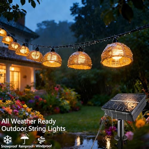 TWINKVILLA Solar Rattan String Lights Outdoor, 16FT 16 LED Half-Globe Hemisphere Wicker Lanterns, IP65 Waterproof Solar Powered Patio Lights, Boho Decorative Hanging Lighting for Garden Porch Wedding - Image 6