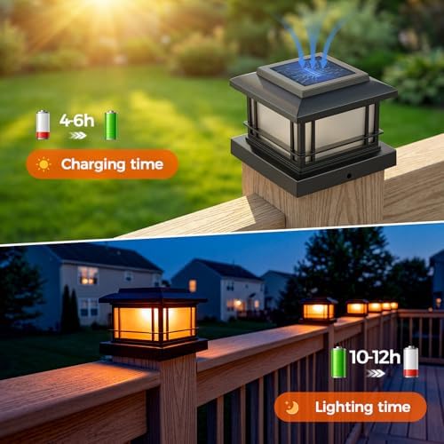 JOFIOS Flickering Flame Solar Post Cap Lights Outdoor, Black Post Lights with 3 Color Temperature, Fits 3.5" 4" 4.5" 5" Wood/Vinyl Posts, IP64 Waterproof Fence Deck Lights for Garden Patio Yard 12Pack - Image 3