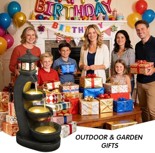 35.4" Outdoor Water Fountain, 3 Tier Bowl Cascading Freestanding Water Fountain, Lantern Style Garden Water Feature with LED Lights, Suitable for Patio Yard Porch Landscape, Grey - Image 7