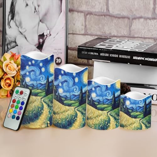 Flameless Candles with Remote Van Gogh Starry Night Flickering Battery Operated Candles with Timer Waterproof Real Wax LED Pillar Candles for Holiday Party Decor Set of 4 - Image 4