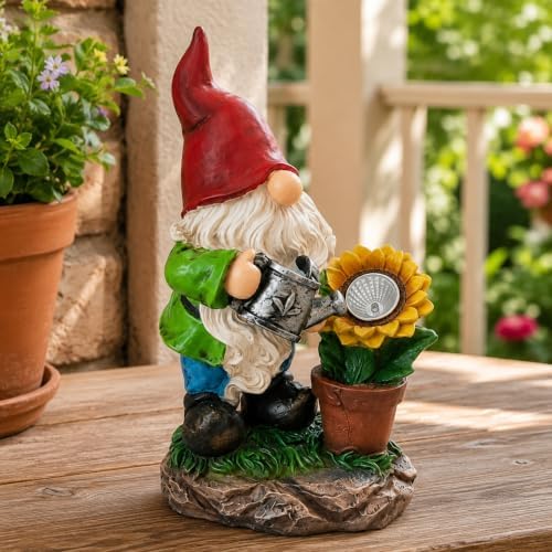 Solar Garden Gnome Statue with Sunflower Light, Resin Outdoor Yard Figurine Holding Watering Can for Lawn, Patio, Porch and Flower Bed Decor, 1-Piece - Image 3