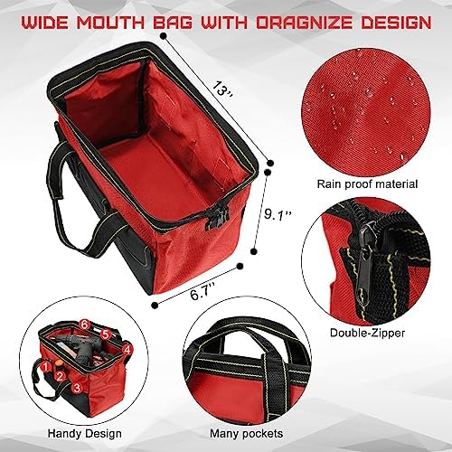 4 Pieces Tool Bag with Waterproof Strong Molded Base Multi Pockets Wide Mouth Tool Tote Multifunctional Tool Bag Large Capacity Organizer Heavy Duty Tool Storage Bag (Red,13 Inch) - Image 2