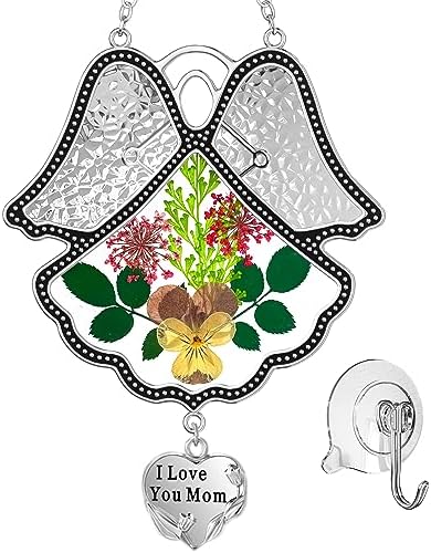 KY&BOSAM Angel Suncatcher I Love You Mom Stained Glass Panels Suncatchers for Windows Wind Chime with Pressed Flower Glass and Metal Heart Charm Birthdays Gift for Mom Mothers Day Valentines Christmas by KYBOSAM