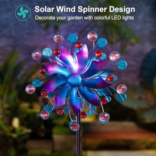 Solar Wind Spinner for Yard and Garden – 61 Inch Outdoor Metal Kinetic Sculpture with Multi-Color LED Glass Ball Light – Waterproof Windmill Stake for Patio, Lawn, and Pathway Decoration (Blue) - Image 5