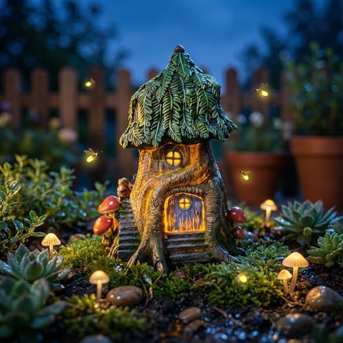 COWOS Solar Light Fairy Tree House, Fairy Garden House Statues, Tree House Figurines with Solar Light for Indoor Outdoor Art Decorations, Patio Yard Lawn Ornaments Gift - Image 3