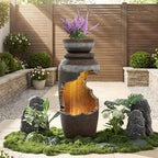 Outdoor Water Fountain with LED Lights & Planter, Modern Freestanding Garden Fountain, Spiral Tiered Urn Waterfall Resin Fountain for Patio, Yard, Porch and Home Décor, Cracked Urn Design by GIODIR