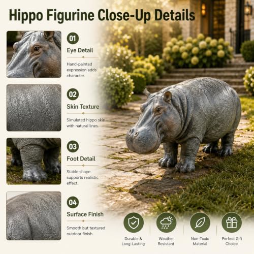 Hippo Garden Statue 27.56 Length Resin Weatherproof Outdoor Sculpture - Image 3