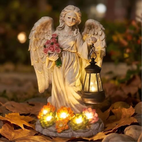 Solar Angel Statues Outdoor Garden Lawn Decor, 9.5" Resin Angel Statue with Solar Succulent & LED Lantern Lights Garden Patio, Yard Accessories, Fairy Sculpture and Figurine Decor Statue, Gift for Mom - Image 4