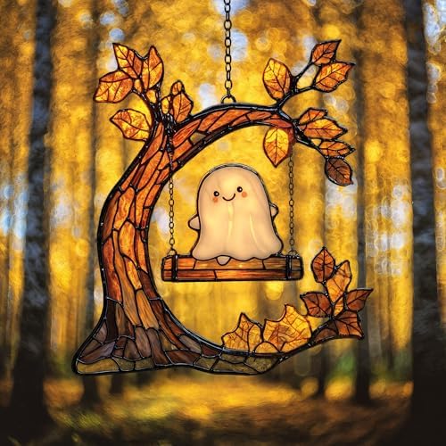 Cute Ghost on Crescent Swing Acrylic Suncatcher - Faux Stained Glass Indoor Window Hanging Ornament, Outdoor Sun Catcher Panel, Home Decor Gift for Ghost Lovers by Unknown