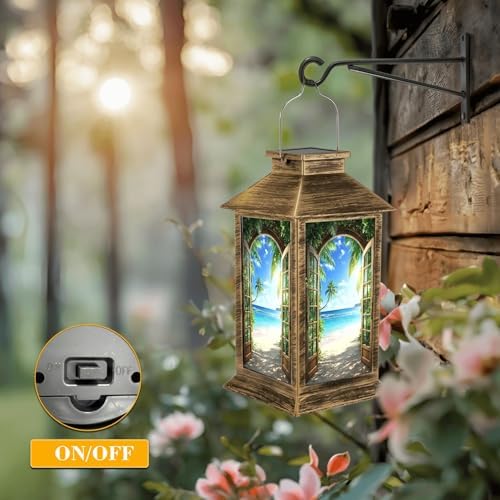 Solar Lantern Outdoor Waterproof Window Beach Sunset Ocean Landscape Palm Tree Tropical Coastal Scenery Garden Decor LED Solar Lights Hanging/Tabletop Lamp Gifts for Women Mom for Outside Yard Patio - Image 5