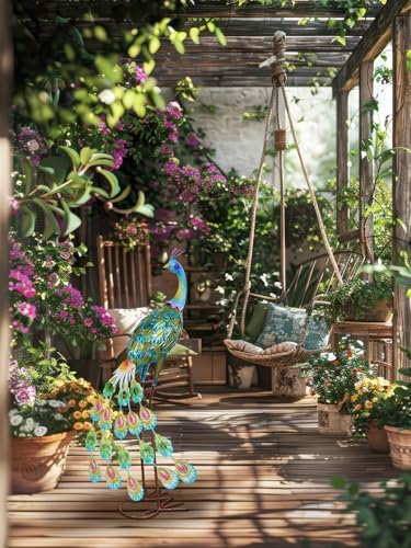 YEAHOME Garden Decor Outdoor Statues, 34" Large Metal Peacock Standing Yard Art, Blue Green Bird Lawn Sculptures Garden Decor for Outside Patio Porch Backyard - Image 6