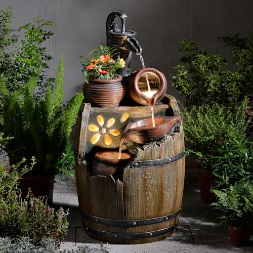 Water Fountain Outdoor 29" H Outside Floor 3 Tiered Rustic Barrel with Light, Pump for Garden, Patio, Deck, Porch, Backyard Home Decor by KAISOKUFOUNTAIN