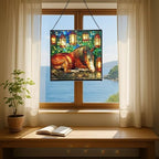 Bay Miniature Horse Curled Near Garden Lanterns Square Suncatcher – Stained Glass Style Window Panel with Pastoral Scene, Custom Decorative Hanging Art for Equestrian Home, Christmas GgGXzA - Image 6