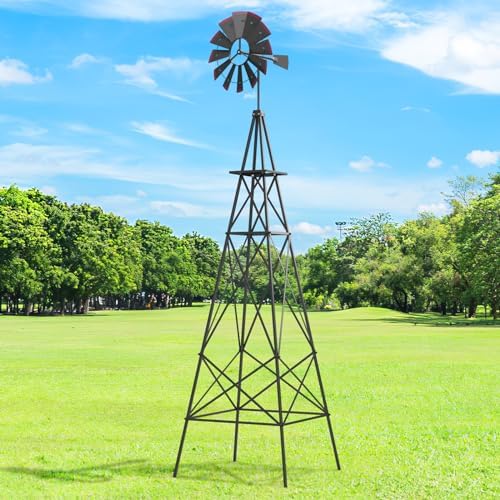 Goplus 8 ft Ornamental Windmill, All-Weather Metal Wind Mill w/ 4 Support Legs, Decorative Weathervane for Backyard, Garden, Farm, 4 Ground Stakes Included (Gray) - Image 2