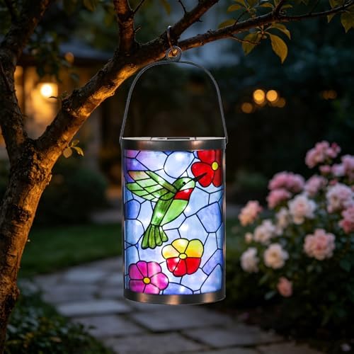 MUMTOP Hummingbird Solar Lantern Decor, Hanging Glass Outdoor Garden Light by MUMTOP