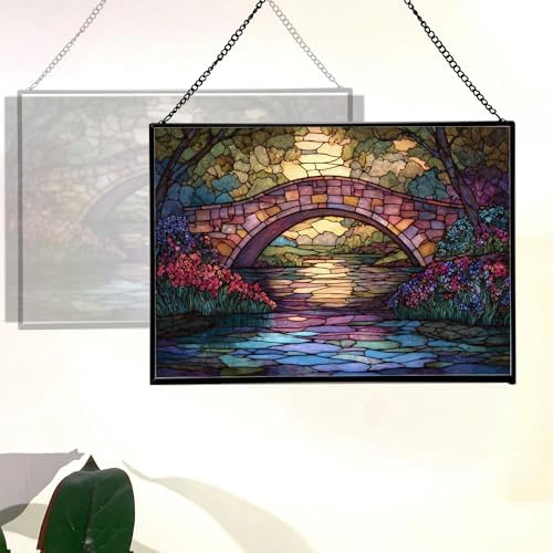 Rainbow Bridge Over Meadow Stream Rectangular Stained Glass Suncatcher – Hanging Window Panel with Animal & Nature Scene – Vibrant Glass Art Gift for Wildlife, Fantasy, Nature Lovers wL1my9 - Image 3