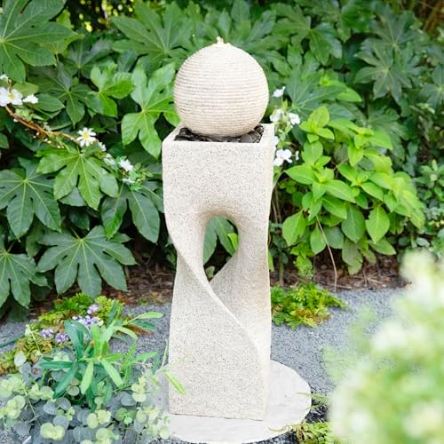 Glitzhome Outdoor Water Fountain with Lights, Outdoor Fountain with Pump, 36.5" H Modern Faux Terrazzo Geometric Pedestal and Sphere Polyresin Garden Fountains for Patio, Balcony, Yard Or Home Decor by Glitzhome