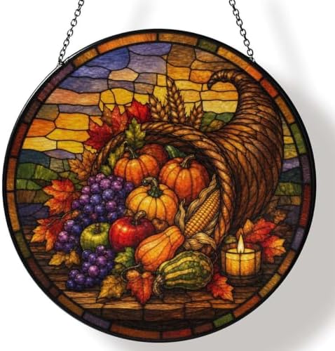 Thanksgiving Grapes Veggies Stained Glass Suncatcher 11.8" Colorful Window Hanging Ornament, Sun Catcher Decor for Bathroom Front Door Living Room Home Wall Garden by FeHuew