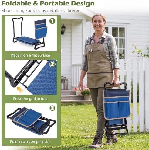 2-in-1 Garden Kneeler and Seat, Folding Garden Seat w/EVA Foam Kneeling Pad & Removable Tools Pouch, Sturdy Steel Frame, No Assembly, Portable Heavy Duty Garden Stool for Women Men Seniors - Image 4