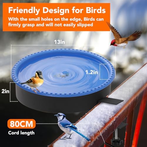 Yiabivo 2 in 1 Heated Bird Bath for Outdoors for Winter,75W Bird Bath Heater with Thermostatically Controlled，Heated Bird Bath for Deck Railing for All Seasons Outdoor Garden Yard Patio Lawn(Blue) - Image 4