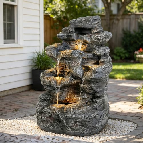Water Fountain Outdoor, Outdoor 5-Tiered Rock Garden Fountains Waterfalls, All-Weather Resistant Water Fountain with Light, Garden Decor for Lawn, Backyard, Gray by XUOXFUTZIG
