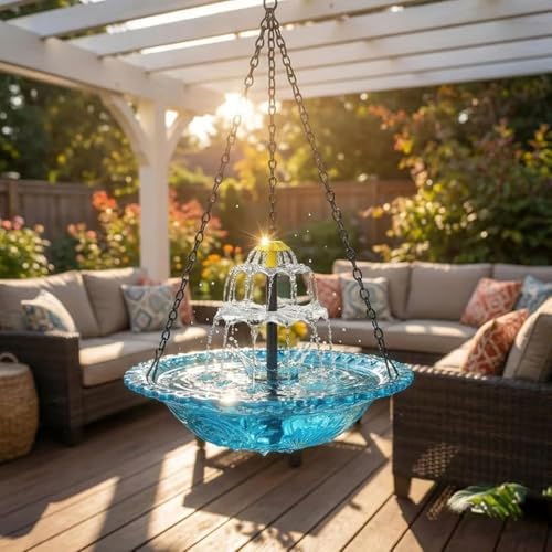 2026 New Solar Cascade Hanging Bird Bath Fountain, 3 Layers Outdoor Water Feature, Outdoor Hanging Bird Bath with Solar Fountain, with Solar Pump & Glass Bowl, for Outdoor, Gardens (Blue) - Image 4