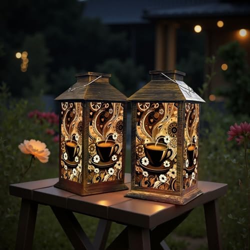 Solar Lantern Outdoor Garden Hanging Lantern Steaming Coffee Cup Abstract Brown Black Swirls Flowers Hearts Waterproof Solar Powered Lighting Outside Table Lamp for Patio Deck Yard Camping - Image 6
