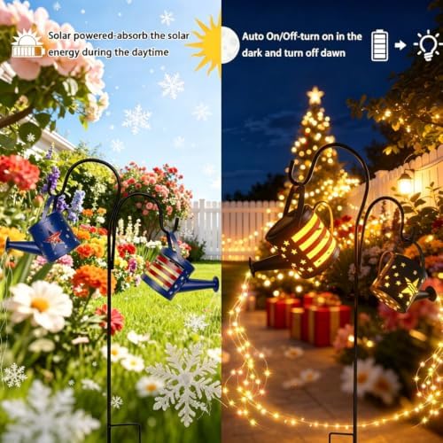 DDQ Solar Watering Can Lights, Warm White/Color LED with Shepherd Hook, IP65 Waterproof Metal Garden Decor, Auto On/Off for Patio Backyard for Mom Birthday Christmas - Image 5