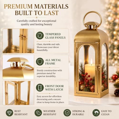 Christmas Decorative Lantern Gold Metal Candle Holder 16'' Tempered Glass - Image 7