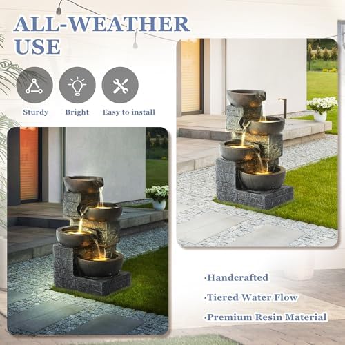 Grepatio Outdoor 4-Tiers Water Fountain, Garden Cascading Waterfalls Fountain with 4 LED Lights, 21.9" H Modern Indoor/Outdoor Bowl Waterfall Feature Water Fountains for Garden, Yard Decor (Brown) - Image 6